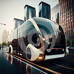 Futuristic urban mobility, ultramodern bus in the city. Coach AI generative design