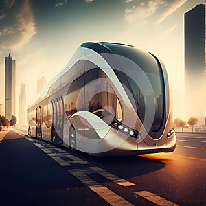 Futuristic urban mobility, ultramodern bus in the city. Coach AI generative design