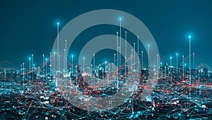 Big Data and Technology Network Visualization Background form a grid over the cityscape