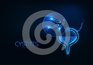 Futuristic urinary tract infection, cystitis concept with glowing low polygonal bladder and bacteria
