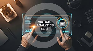 Futuristic user interacting with virtual analytics dashboard displaying data visualizations and insights