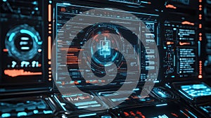 Futuristic user interface displaying data analytics and coding information