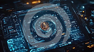 Futuristic user interface displaying holographic data and coding information