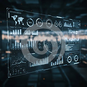 Futuristic user interface displaying various data visualizations, including graphs,