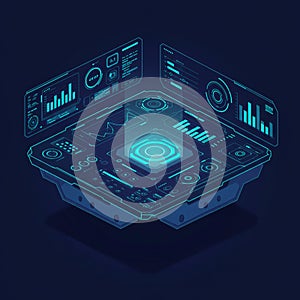 Futuristic user interface featuring a glowing, holographic display. The interface