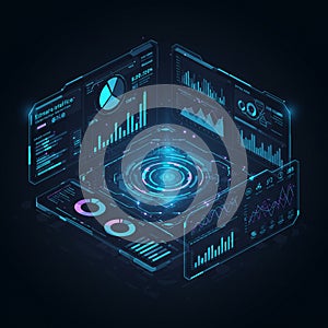 Futuristic user interface featuring multiple translucent screens displaying various data