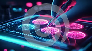 Futuristic user interface with glowing neon touch screen and stylus interaction. Concept of digital interface, data