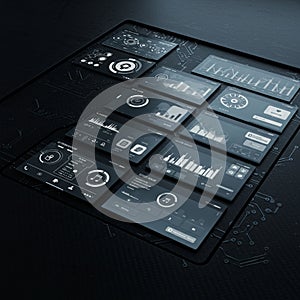 A futuristic user interface with multiple overlapping digital screens displaying data
