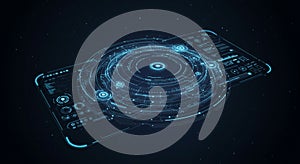 Futuristic user interface showing a holographic display with circular and rectangular