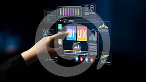 Futuristic User Interface Touchscreen Interaction with Data Visualization and Graphical Elements in a Dark Environment