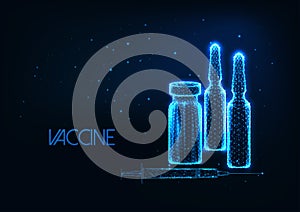 Futuristic vaccine research concept with glowing low polygonal ampules, syringe on dark blue.