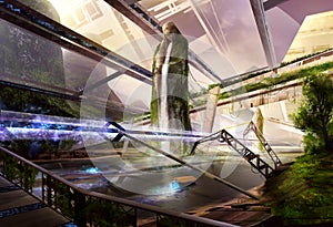 Sci-fi futuristic alien valley river landscape artwotk. photo
