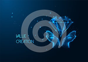 Futuristic Value creation in business idea concept with glowing hands holding diamond on dark blue