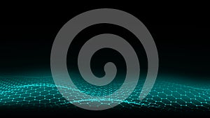 Futuristic vector hexagon wave. Dark cyberspace. Abstract wave with dots and line. White moving particles on background