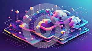 Futuristic Vector of Quantum Computing Nodes and Cloud Networks in Isometric Style