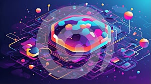Futuristic Vector of Quantum Computing Nodes and Cloud Networks in Isometric Style