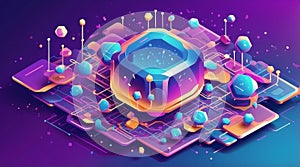 Futuristic Vector of Quantum Computing Nodes and Cloud Networks in Isometric Style