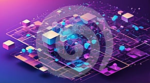 Futuristic Vector of Quantum Computing Nodes and Cloud Networks in Isometric Style
