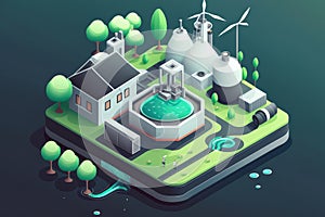 futuristic vector style illustration of a wastewater treatment plant with innovative water recycling technology