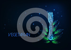 Futuristic vegetarian restaurant menu concept with glowing low polygonal fork and green leaves