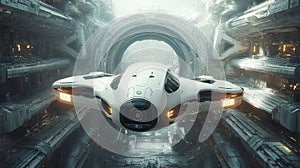 Futuristic White Drone Navigating a Sci-Fi Metropolis