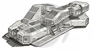 Futuristic vehicle design with a modular structure and geometric shapes. Features