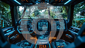 Futuristic Vehicle Interior with Advanced Digital Dashboard and Neon Lighting