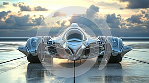 Futuristic vehicle on reflective surface at sunset