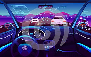 Futuristic Vehicle salon, Electric smart car. Driver view. Dashboard control in a smart car. Virtual control or auto