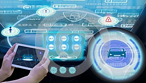 Futuristic vehicle smart car cockpit,graphic user interfaceGUI digital hologram,virtual screen system HUDHead Up Display ,self
