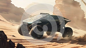 Futuristic vehicle with unique wheel tread navigating desert landscape