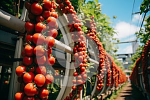 Futuristic vertical tomato farming in urban setting with high rise buildings and advanced technology