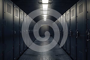 Futuristic vibes locker room with row of metal doors