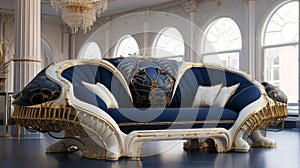 Futuristic Victorian Sofa: Intricate Design With Gold And Blue Fabrics