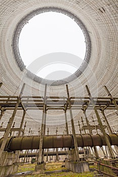 Futuristic view inside of cooling tower of unfinished Chernobyl nuclear power plant