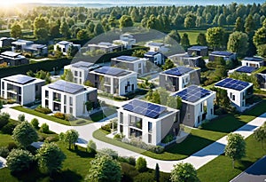 futuristic village with streets, paths and newly built private houses, gardens with shrubs and young trees