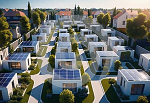 futuristic village with streets, paths and newly built private houses, gardens with shrubs and young trees