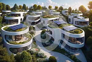 futuristic village with streets, paths and newly built private houses, gardens with shrubs and young trees