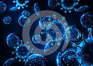 Futuristic viral infection concept with glowing low polygonal virus cells and red blood cells