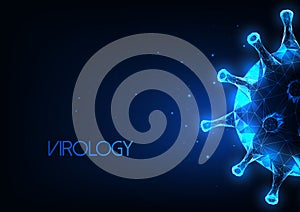 Futuristic virology, immunology abstract web banner with glowing low polygonal virus cells photo