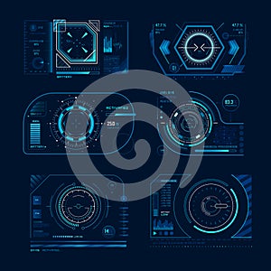 Futuristic virtual screen. Monitoring hud panel frame with tracking aim. Computer systems display tech process graph vector