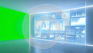Futuristic Virtual Studio with Data Wall and Green Screen