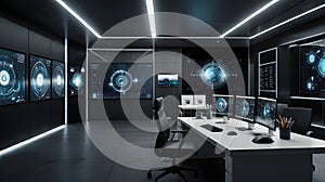 Futuristic virtual workspace with AI-driven project management tools