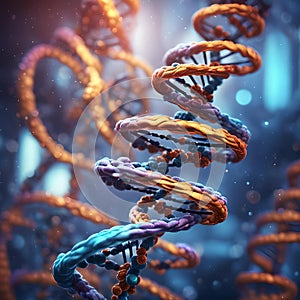 a futuristic vision of a DNA double helix, illustration, with a blurred background and complementary colors