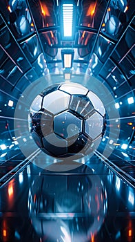 Futuristic vision of a soccer ball in a symmetric, high-tech tunnel, representing advanced sports technology and modern design
