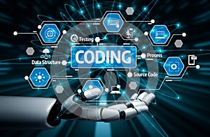 Futuristic visualization of coding concepts with robotic arm and digital interface showcasing various programming