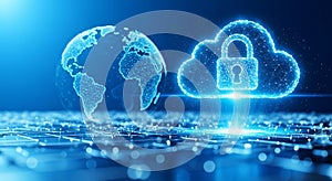 Digital globe and cloud with a padlock symbol, representing global data security and cloud computing background image