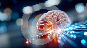 Futuristic visualization of a human brain connected to a microchip, symbolizing artificial intelligence and digital