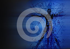 Futuristic Vitruvian man silhouette on dark blue background.