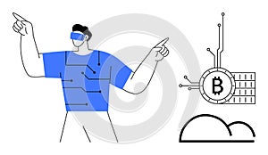 Futuristic VR User Interacting with Blockchain Technology and Cloud Computing